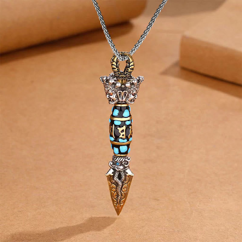 Tibet Om Mani Padme Hum Dzi Bead Dorje Vajra Pattern Wealth Rotatable Necklace Pendant