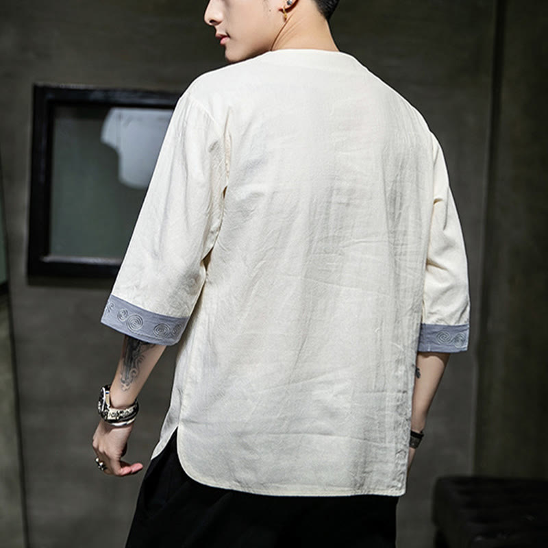 Frog-Button Dragon Embroidery Chinese Tang Suit Three Quarter Sleeve Shirt Cotton Linen Men Clothing