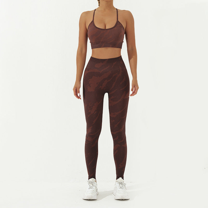 2Pcs Camo Print Backless Criss-Cross Strap Top Bra Shorts Leggings Pants Fitness Yoga Outfit Set