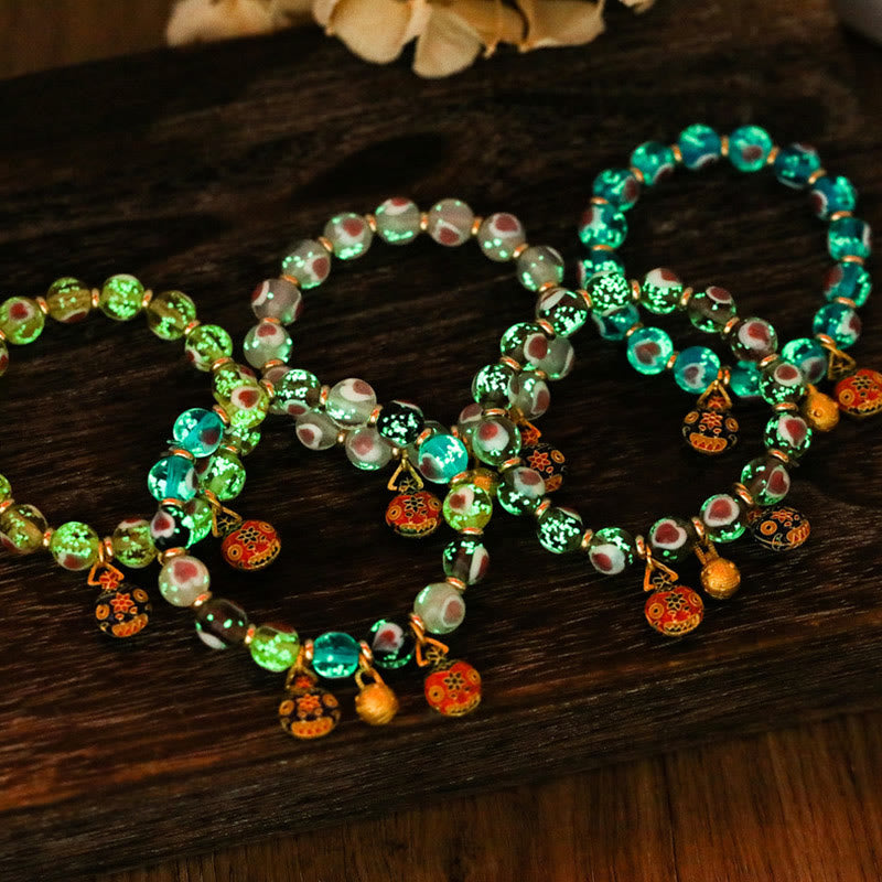 Gold Swallowing Beast Family Pink Love Heart Luminous Fluorescent Liuli Glass Bead Bracelet