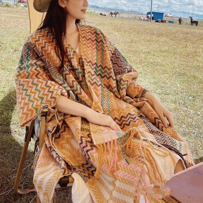 Tibetan Shawl Colorful Wavy Striped Shapes Tassels Winter Cozy Travel Scarf Wrap