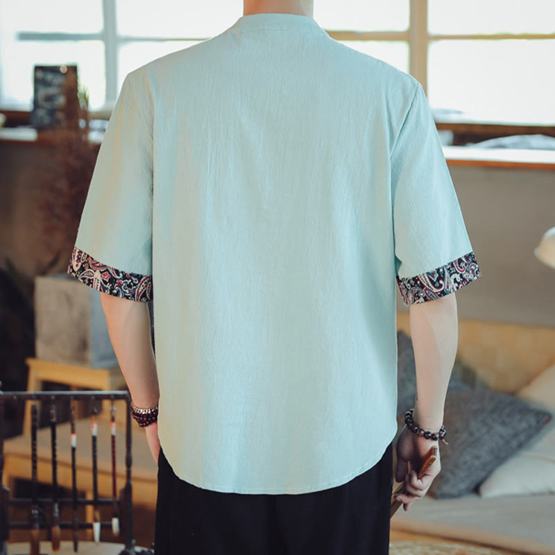 Frog-Button Dragon Embroidery Chinese Tang Suit Short Sleeve Shirt Linen Men Clothing