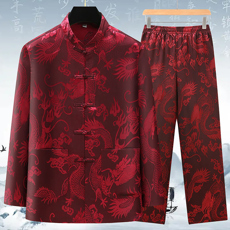 Tang Suit Men Hanfu Chinese Dragon Traditional Clothes Kung Fu Shirt Uniform Long Sleeved Coat Tops and Pants Clothing Men's Set
