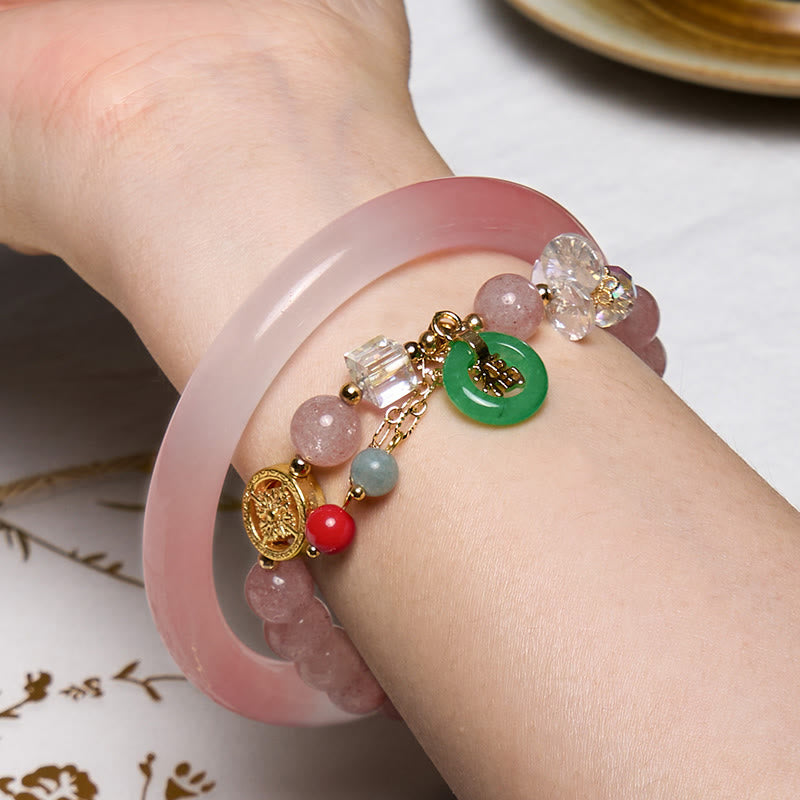 Pink Golden Silk Jade Bangle & Strawberry Quartz Beaded Bracelet Bundle Set