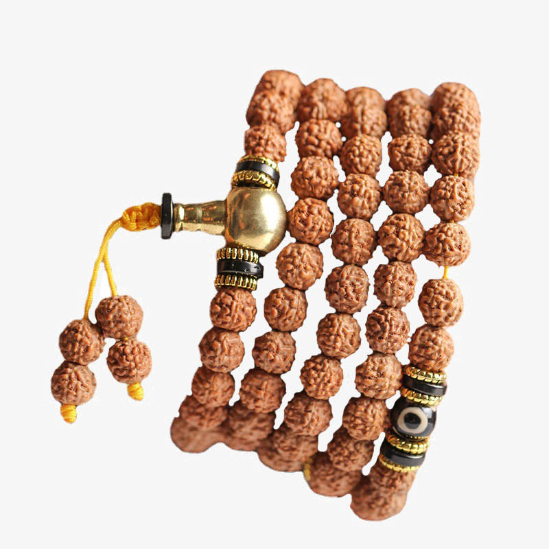 108 Mala Beads Rudraksha Bodhi Seed Dzi Bead Luck Wealth Bracelet