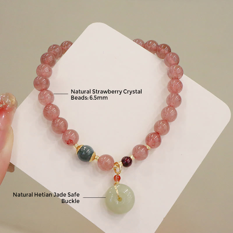 Natural Hetian Jade & Strawberry Quartz Beaded Bracelet with Clear Quartz