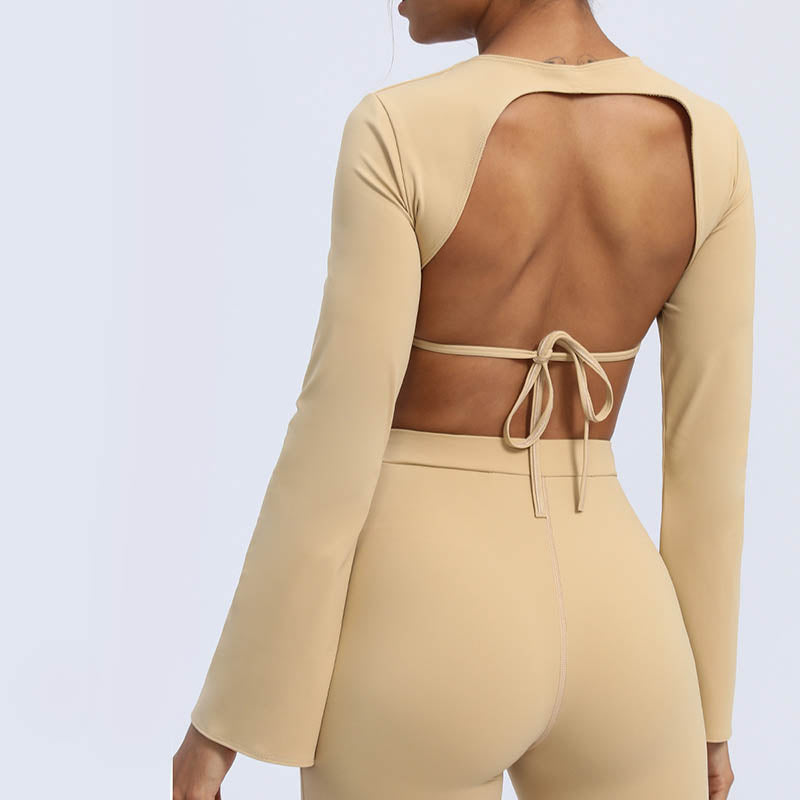 Long Sleeve Backless Strap Top Bra Flare Pants Fitness Yoga Outfit