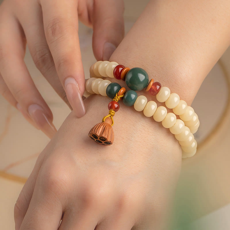 Natural Bodhi Seed and Lotus Pod Charm Double Wrap Mindfulness Bracelet