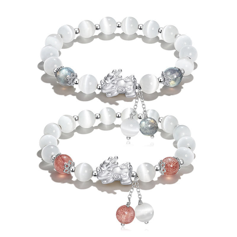 Natural Cat's Eye Moonstone Strawberry Quartz PiXiu Support Bracelet