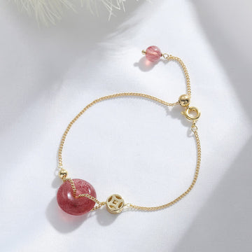 Strawberry Quartz Ping An Kou Peace Buckle Chinese Coin Love Beaded Bracelet