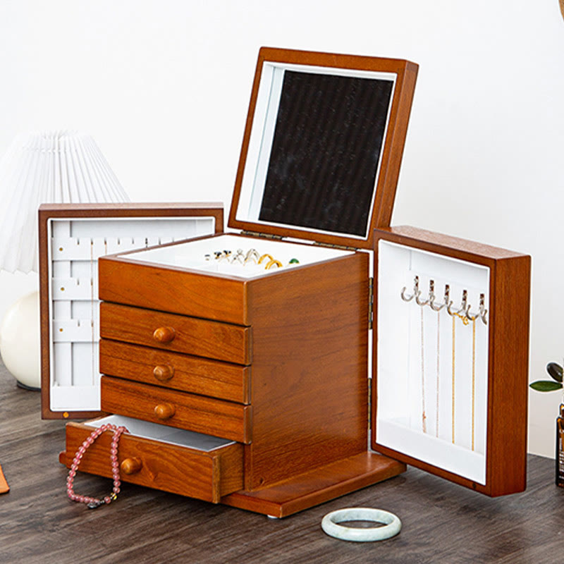 Vintage Large Capacity Wooden Jewelry Box Jewelry Storage Box With Mirror