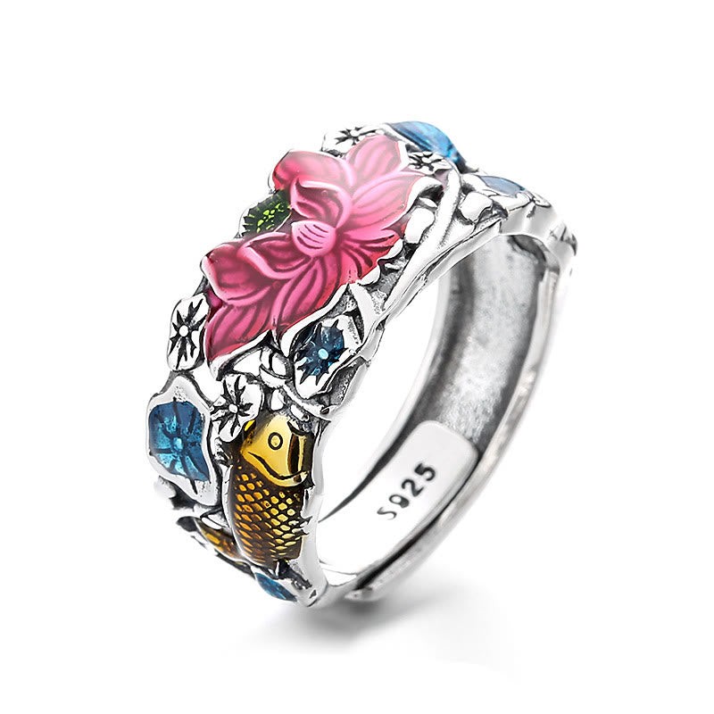 925 Sterling Silver Koi Fish Lotus Flower Prosperity Ring