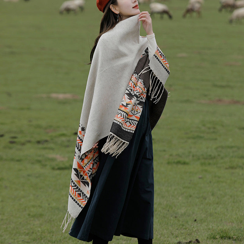 Tibetan Shawl Colorful Geometry Winter Cozy Travel Scarf Wrap