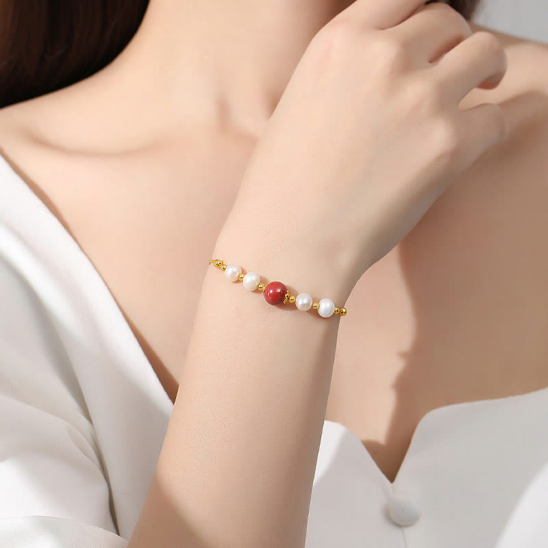 925 Sterling Silver Cinnabar and Pearl Bead Chain Adjustable Bracelet