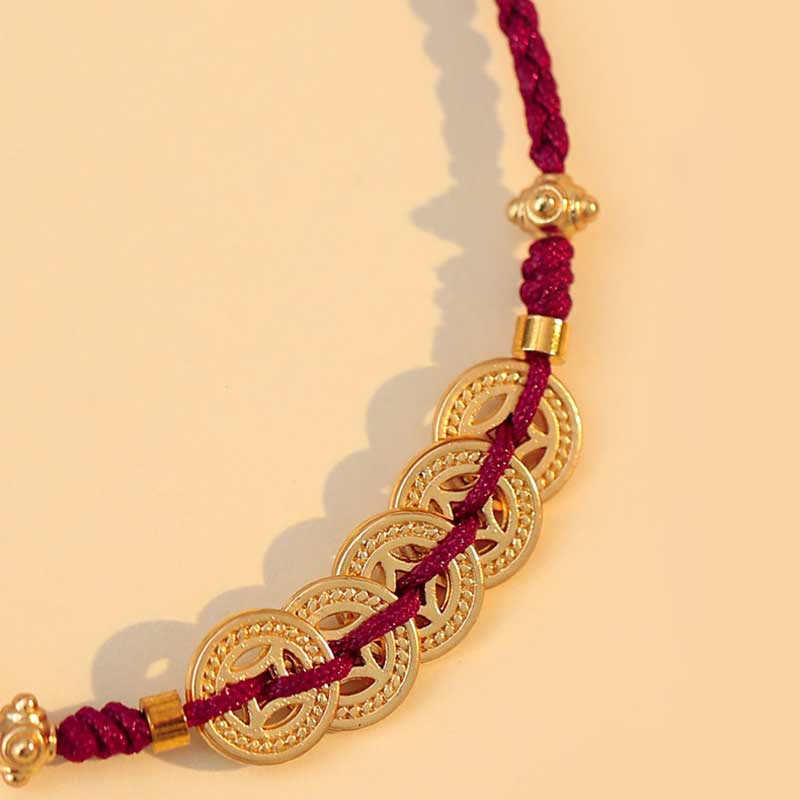 Hand-Braided Copper Tree of Life & Chinese Coin Red String Bracelet