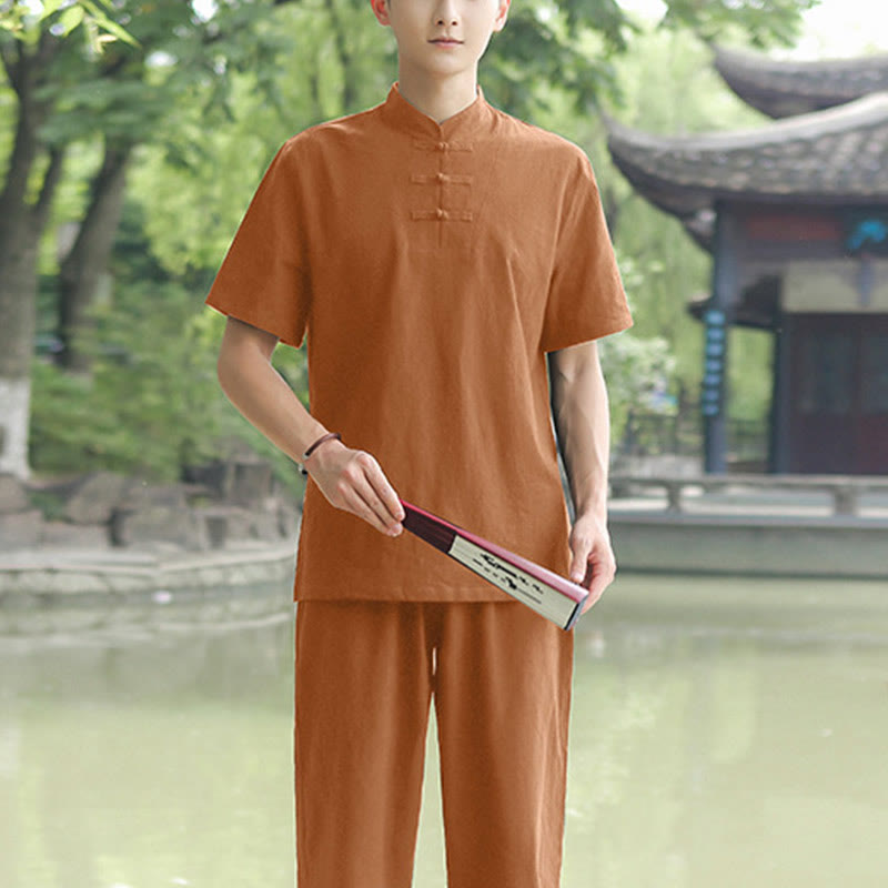 2Pcs Men's Short Sleeve Shirt Top T-Shirt Pants Meditation Zen Tai Chi Cotton Linen Clothing Set