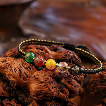 Handmade Five Directions Agate & Onyx Gold Copper Braided Red String Bracelet
