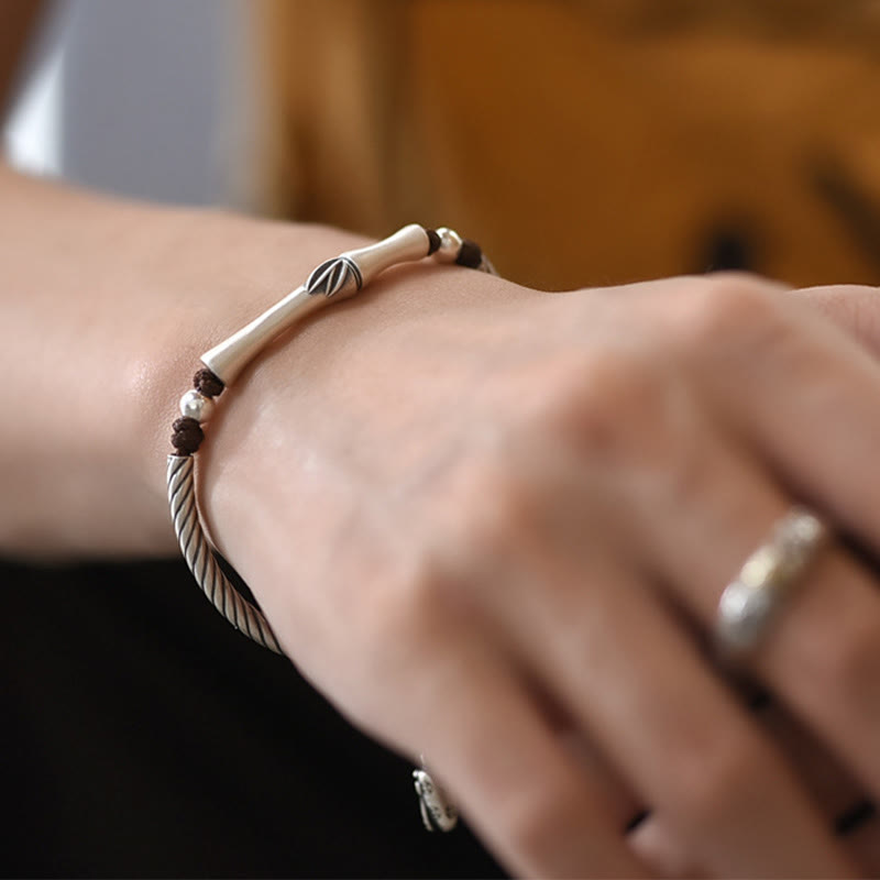 999 Fine Sterling Silver Bamboo Pattern and Cicada Engraved Open Cuff Bracelet
