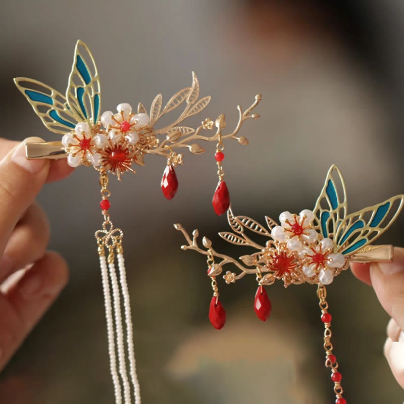 Classical Chinese Style Flower Branche Butterfly Pearl Tassel Hair Clip Hair Comb Hair Crown