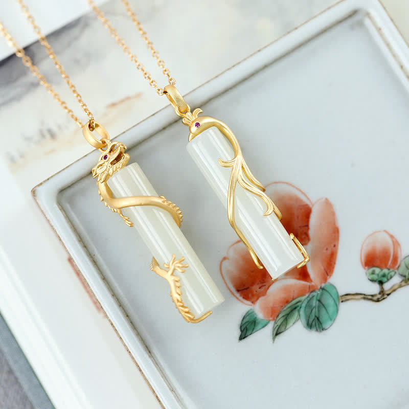 Jade Dragon Phoenix Copper Protection Necklace Pendant
