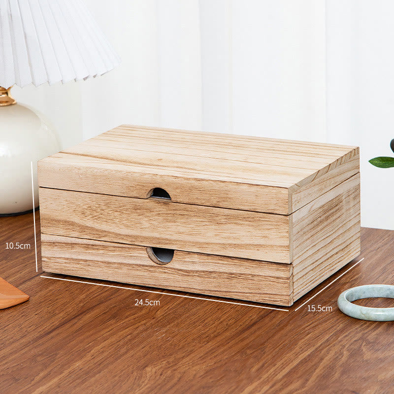 Retro Beige Paulownia Wood Two-Layer Jewelry Storage Box with Mirror