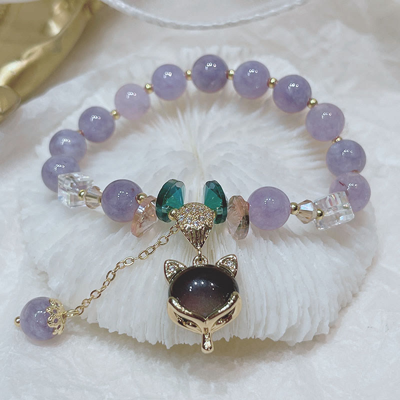 Natural Purple Jade and Clear Quartz Fox Charm Beaded Bracelet