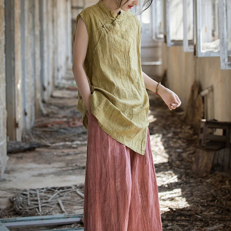 Handmade Tie Dye Ramie Linen Frog-Button Sleeveless Vest