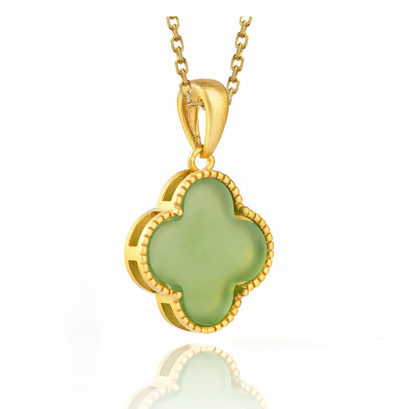 925 Sterling Silver Natural Hetian Jade Luck Four Leaf Clover Necklace Pendant
