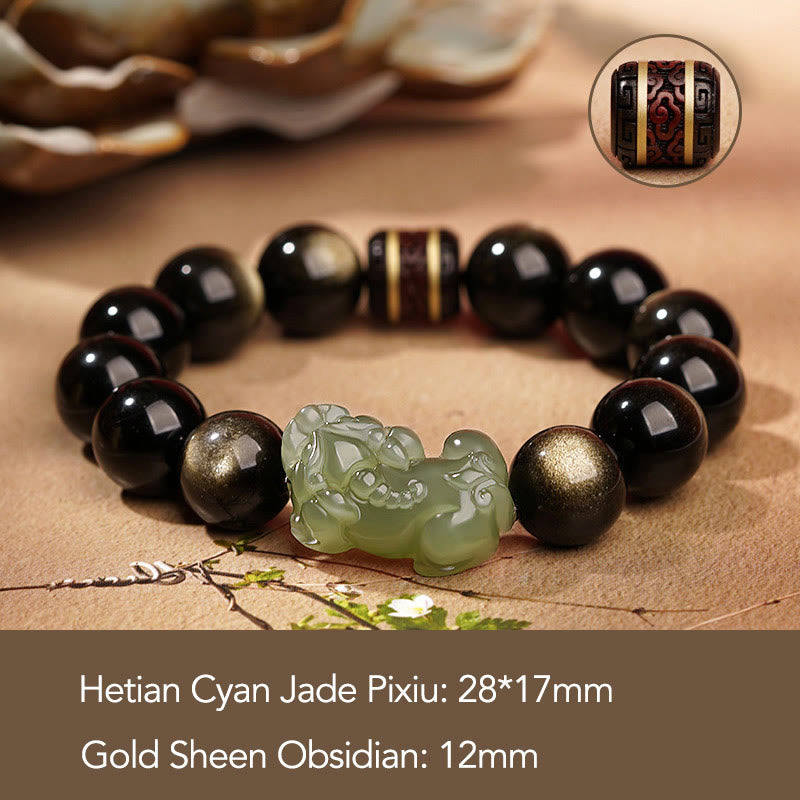 Handmade Gold Sheen Obsidian & Hetian Jade Pixiu Beaded Bracelet for Men and Women
