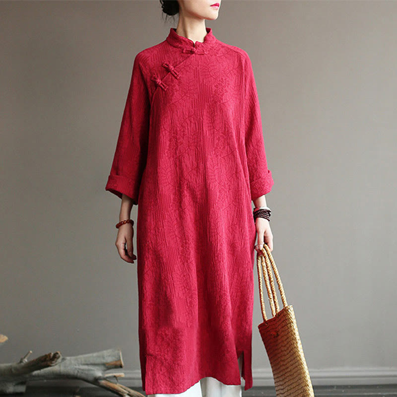 Flower Jacquard Midi Dress Long Sleeve Cotton Linen Dress Wide Leg Pants With Pockets