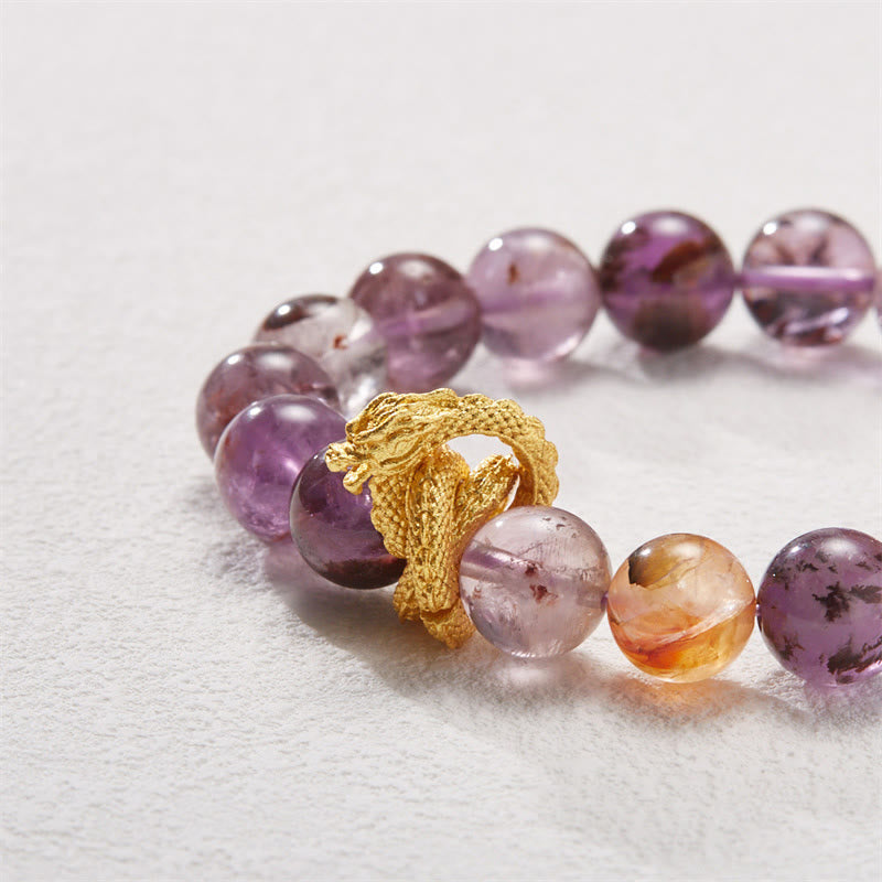Purple Phantom & Red Hematoid Quartz Gold-Plated Copper Dragon Beaded Bracelet