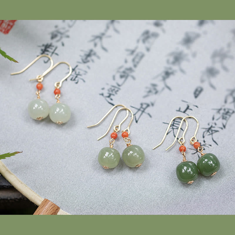 925 Sterling Silver Plated 14k Gold Hetian Jade Red Agate Luck Drop Dangle Earrings