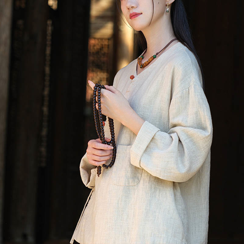 Solid Color Ramie Linen Loose Blouse Long Sleeve Shirt Chinese Hanfu Top
