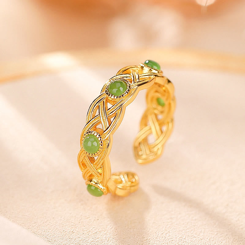 925 Sterling Silver Plated Gold Cyan Jade Braided Design Success Luck Adjustable Ring