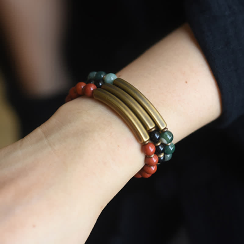 Handmade Red Jasper Moss Agate or Black Obsidian Copper Wrap Couple Bracelet