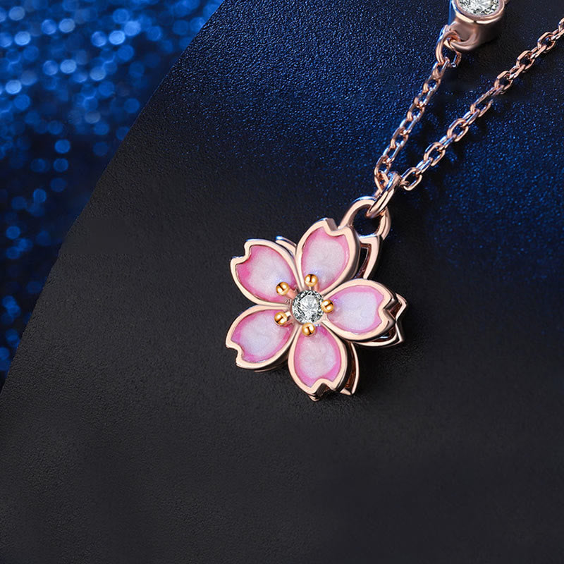 925 Sterling Silver Cherry Blossom Flower Rotatable Protection Necklace Pendant