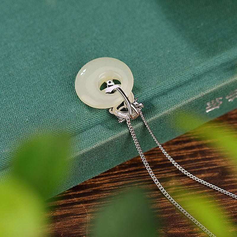 925 Sterling Silver Hetian Jade Peace Buckle Koi Fish Luck Necklace Pendant