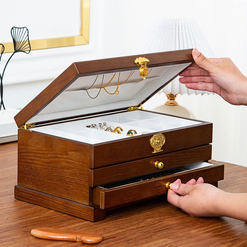 Retro Three-Layer Wooden Jewelry Storage Box & Organizer