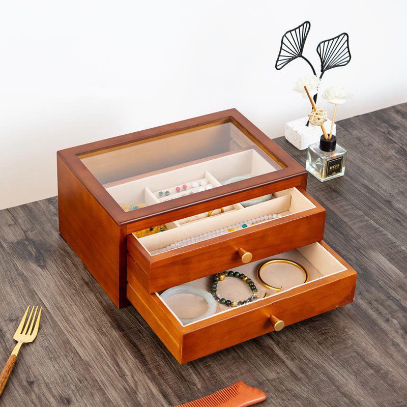 Retro Handcrafted Solid Wood Multi-Layer Jewelry Storage Box with Drawer