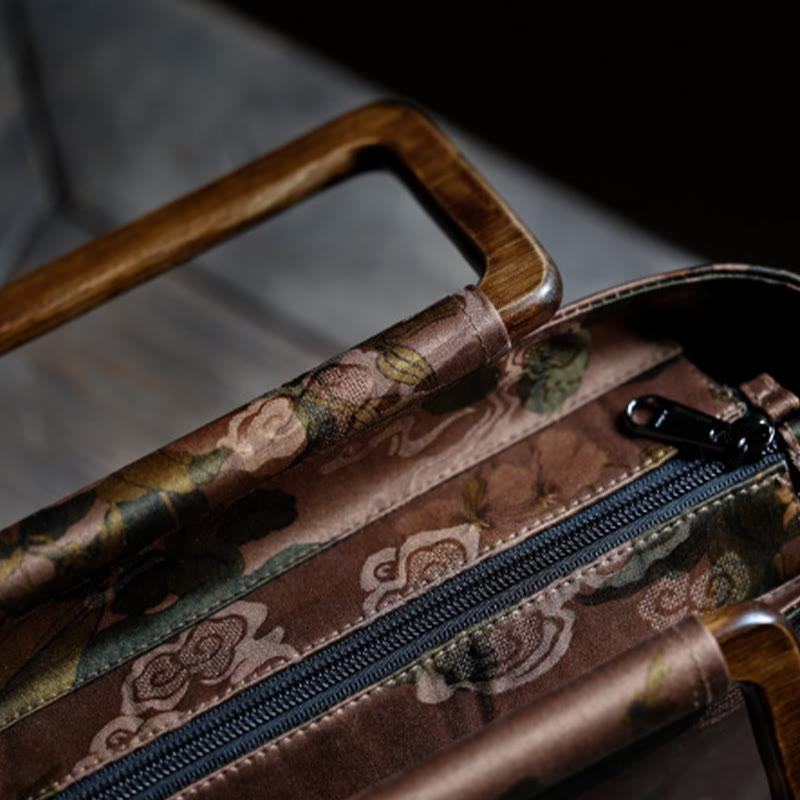 Vintage Brown Flowers Green Bamboo Leaves Wood Handles Zipper Handbag