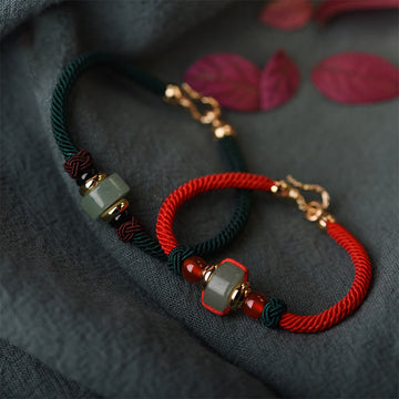 Handmade Tibetan Green Aventurine & Red Agate 14k Gold Red String Braided Bracelet