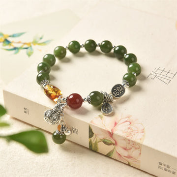 925 Sterling Silver Hetian Cyan Jade Gourd and Amber Harmony Bracelet