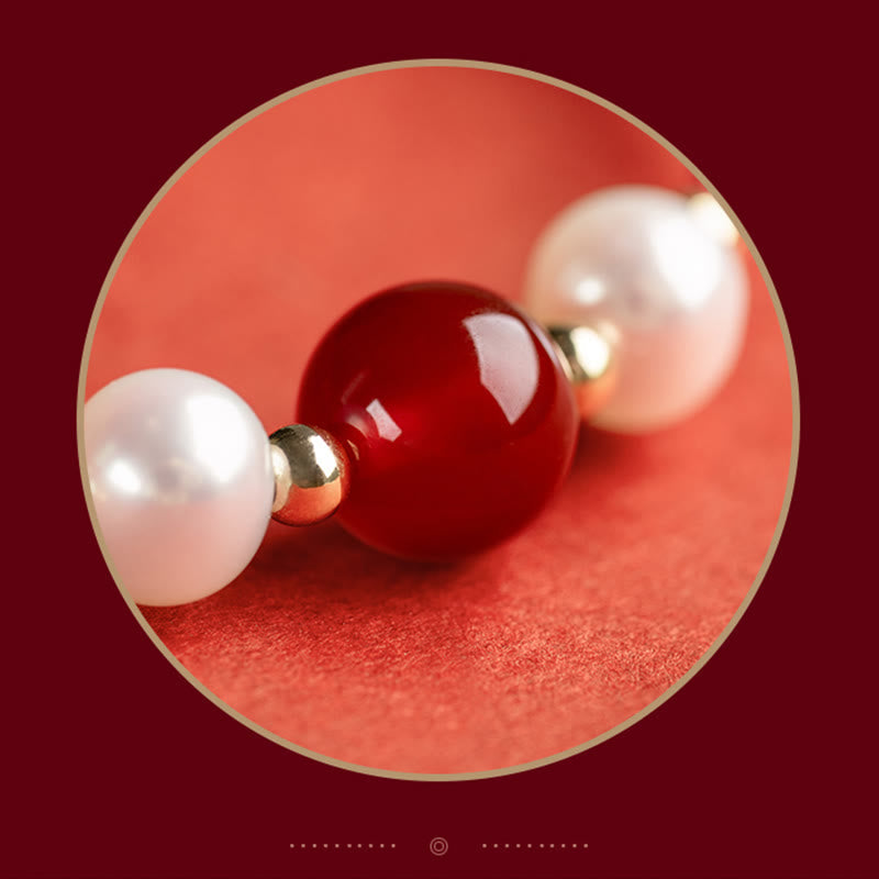 925 Sterling Silver Fu Prosperity Charm Agate Pearl Red String Braided Bracelet