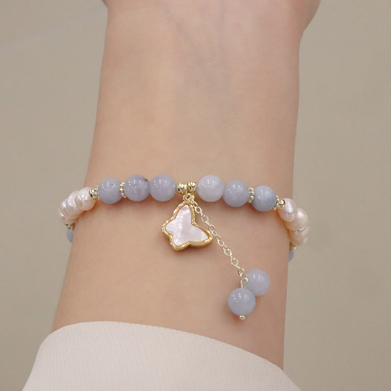 Natural Aquamarine Pearl Seashell Charm Bracelet with Ginkgo Leaf or Butterfly Accents
