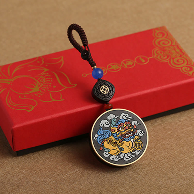PiXiu Copper Coin Ebony Wood Luck Attract Wealth Key Chain Decoration
