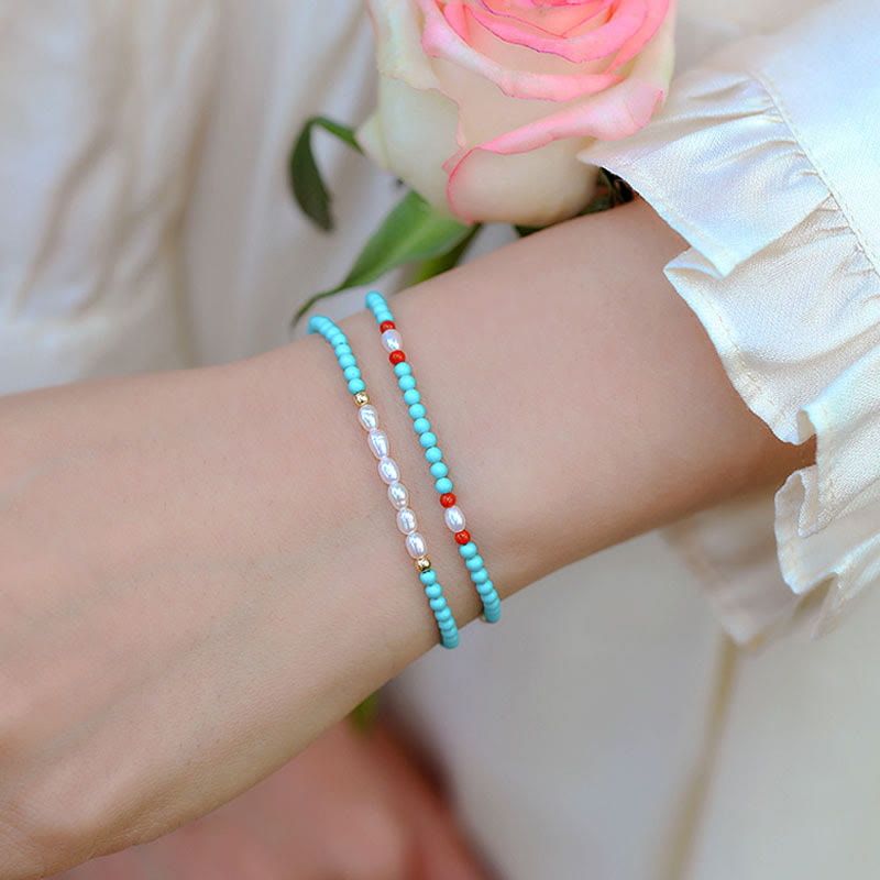 Turquoise Red Agate Pearl Small Beaded Protection Bracelet