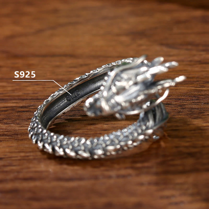 925 Sterling Silver Vintage Dragon Success Protection Strength Adjustable Ring
