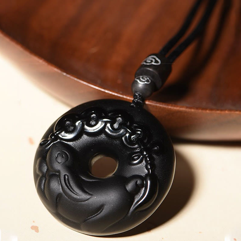 Chinese Zodiac Natural Black Obsidian Peace Buckle Strength Necklace Pendant