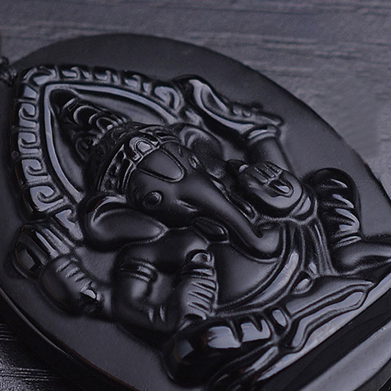 Tibetan Obsidian Ganesh Ganpati Elephant Wealth Amulet Necklace