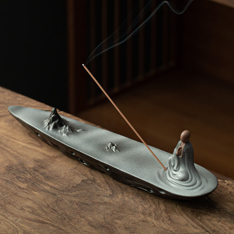 Minimalist Ceramic Monk Sea Wave and Mountain Landscape Incense Burner
